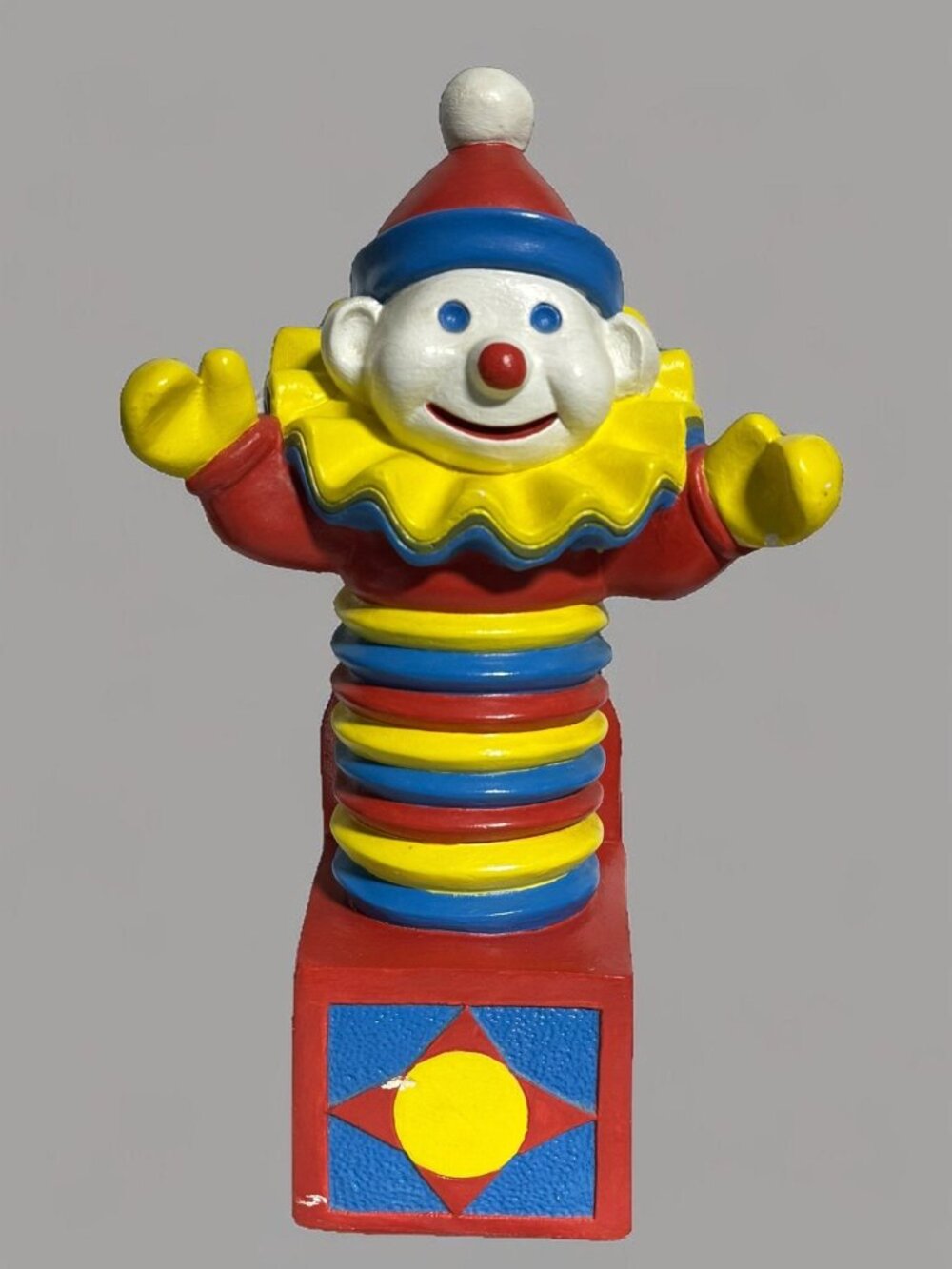 Vintage Jack-In-The-Box Clown Coin Bank With Bright Colors & Metal Stopper